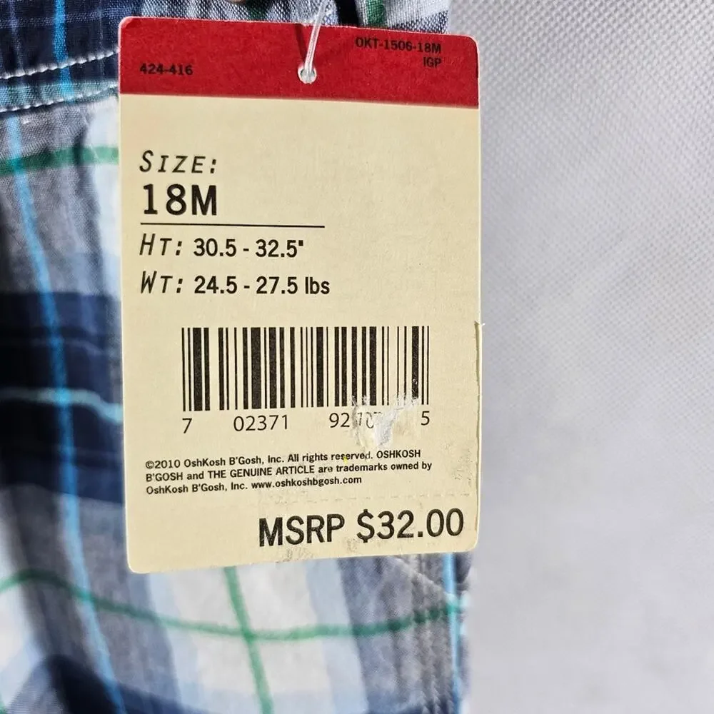 OshKosh B'gosh Blue Plaid Overall Shorts NWT 18 Months